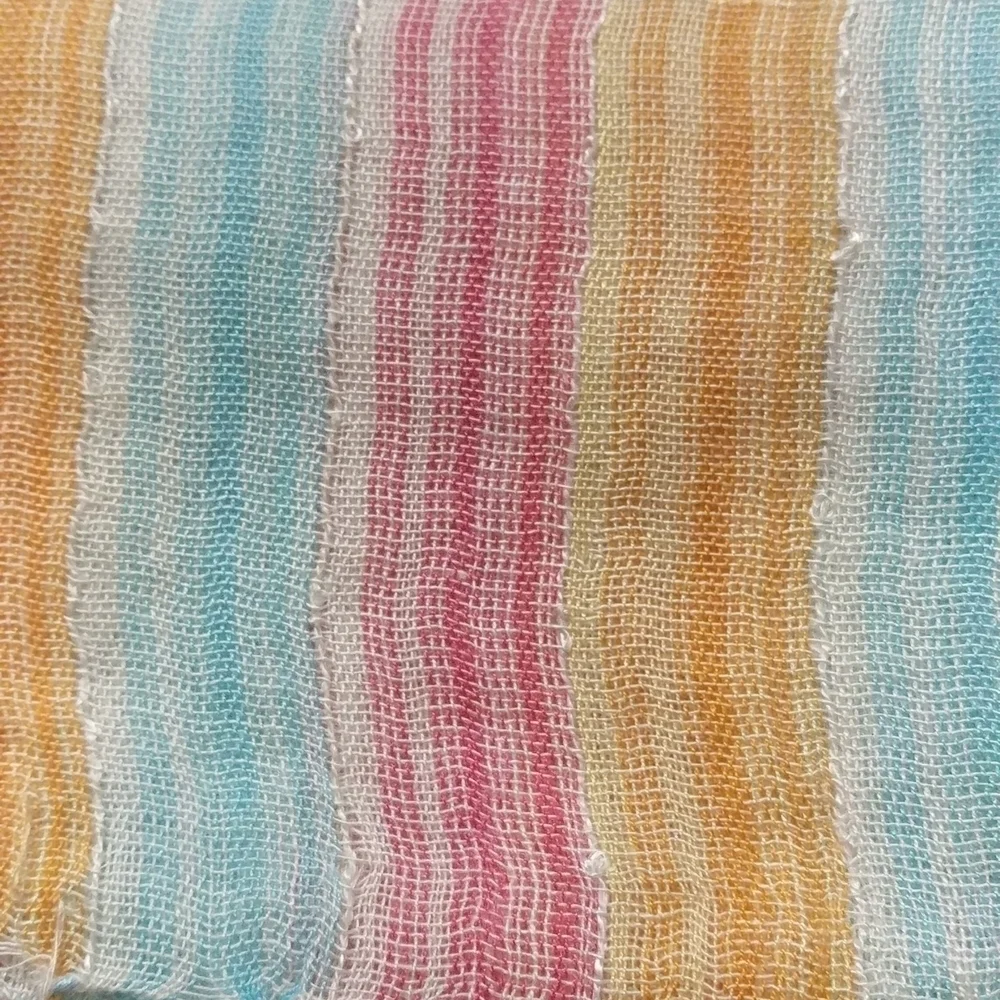 Pink, Yellow, Blue Stripe Woven Scarf with Fringe